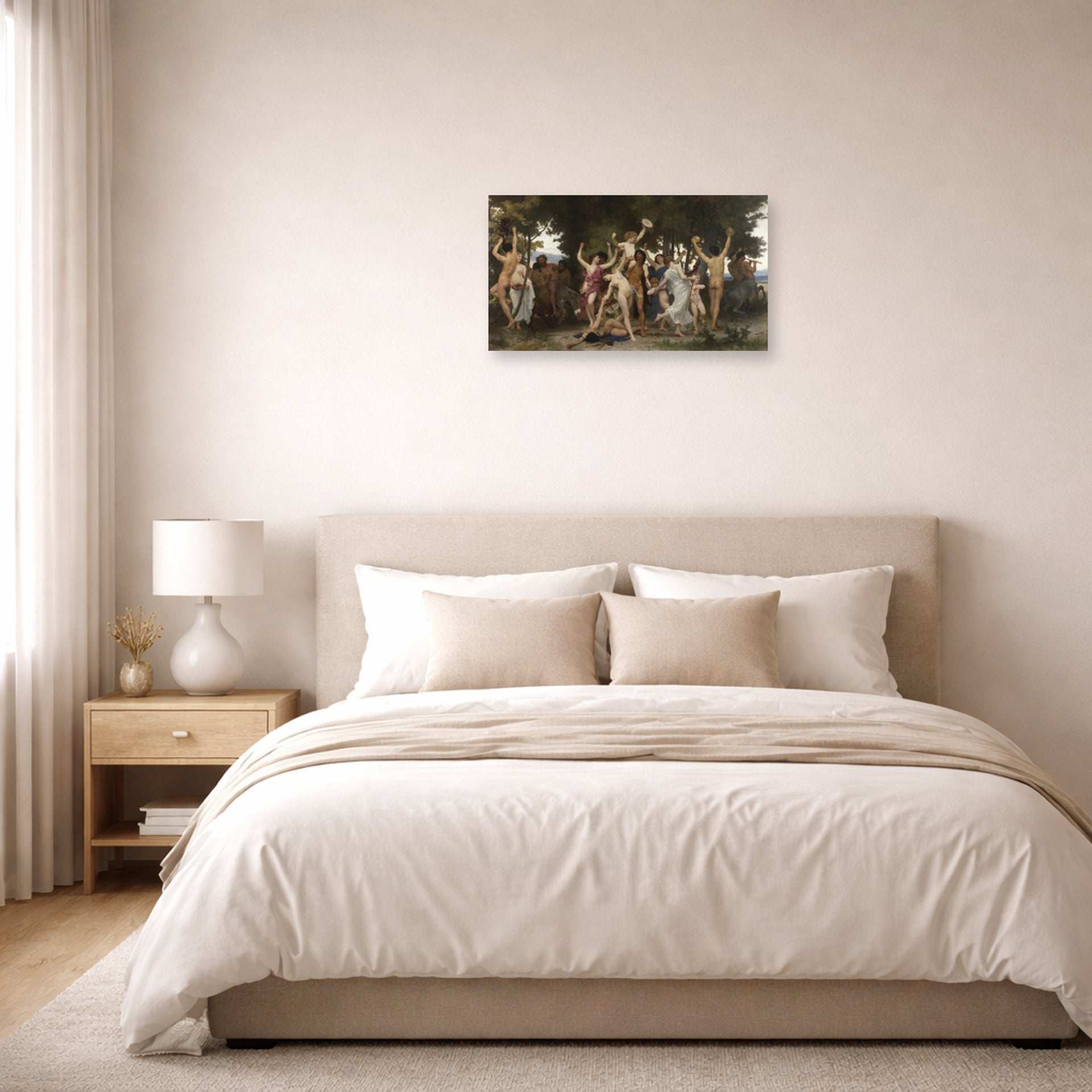 Unframed poster print of William-Adolphe Bouguereau's La Jeunesse de Bacchus (The Youth of Bacchus) displayed on a wall in a bedroom