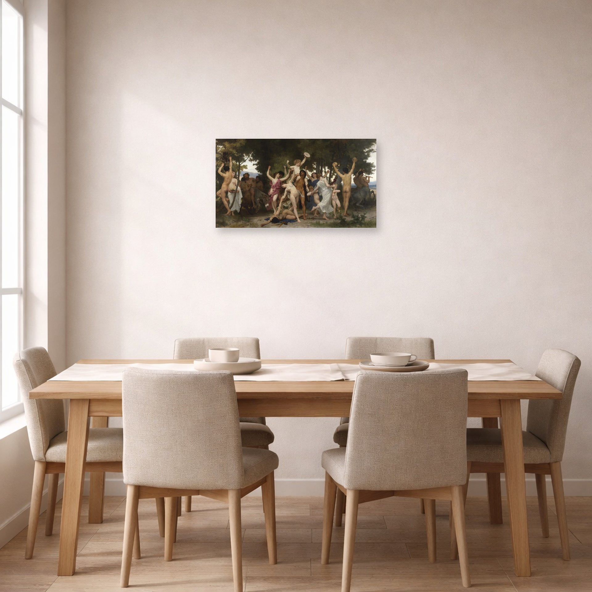 Unframed poster print of William-Adolphe Bouguereau's La Jeunesse de Bacchus (The Youth of Bacchus) displayed on a wall in a dining room