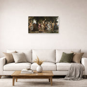 Unframed poster print of William-Adolphe Bouguereau's La Jeunesse de Bacchus (The Youth of Bacchus) displayed on a wall in a second living room setting