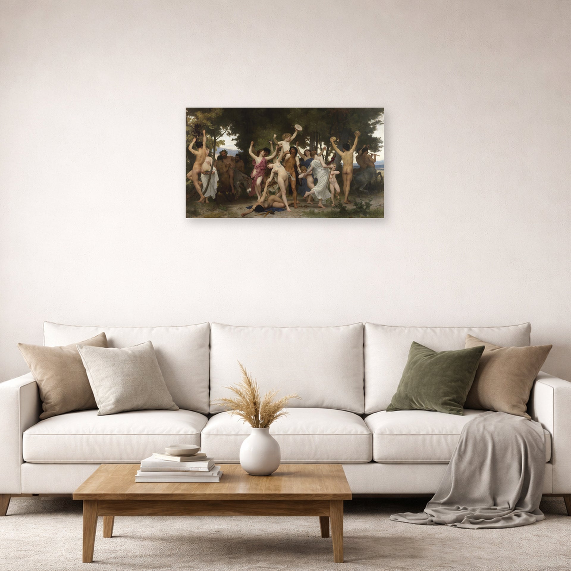 Unframed poster print of William-Adolphe Bouguereau's La Jeunesse de Bacchus (The Youth of Bacchus) displayed on a wall in a second living room setting