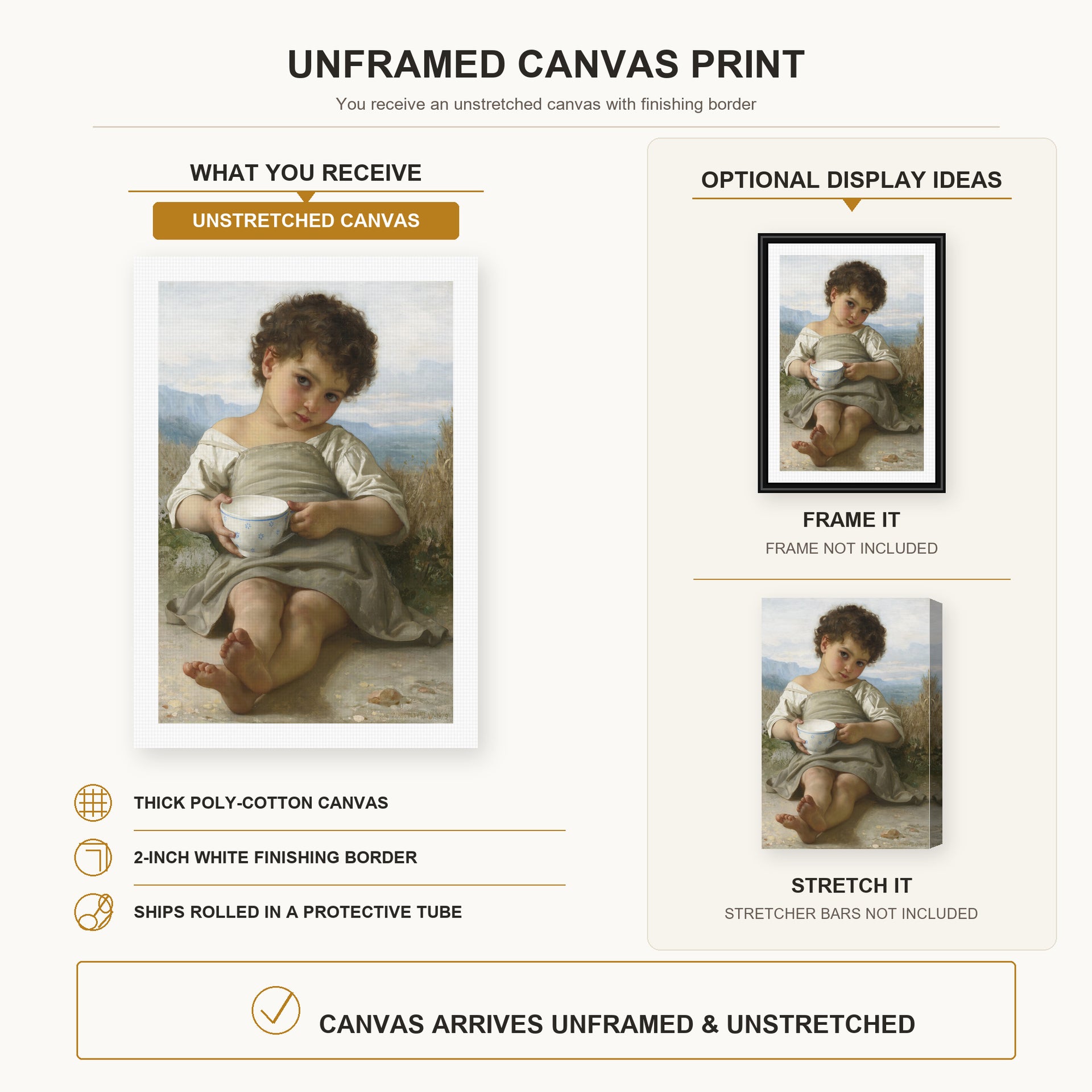 William-Adolphe Bouguereau - La Tasse De Lait canvas print size comparison and framing display infographic