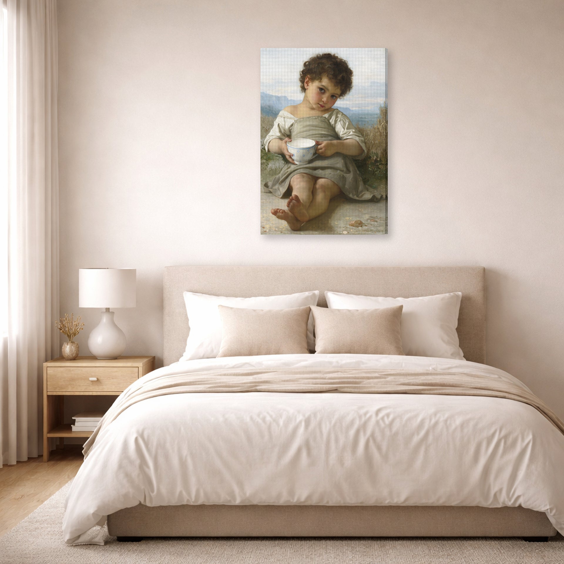 Gallery-wrapped canvas print of William-Adolphe Bouguereau's La Tasse De Lait displayed on a wall in a bedroom