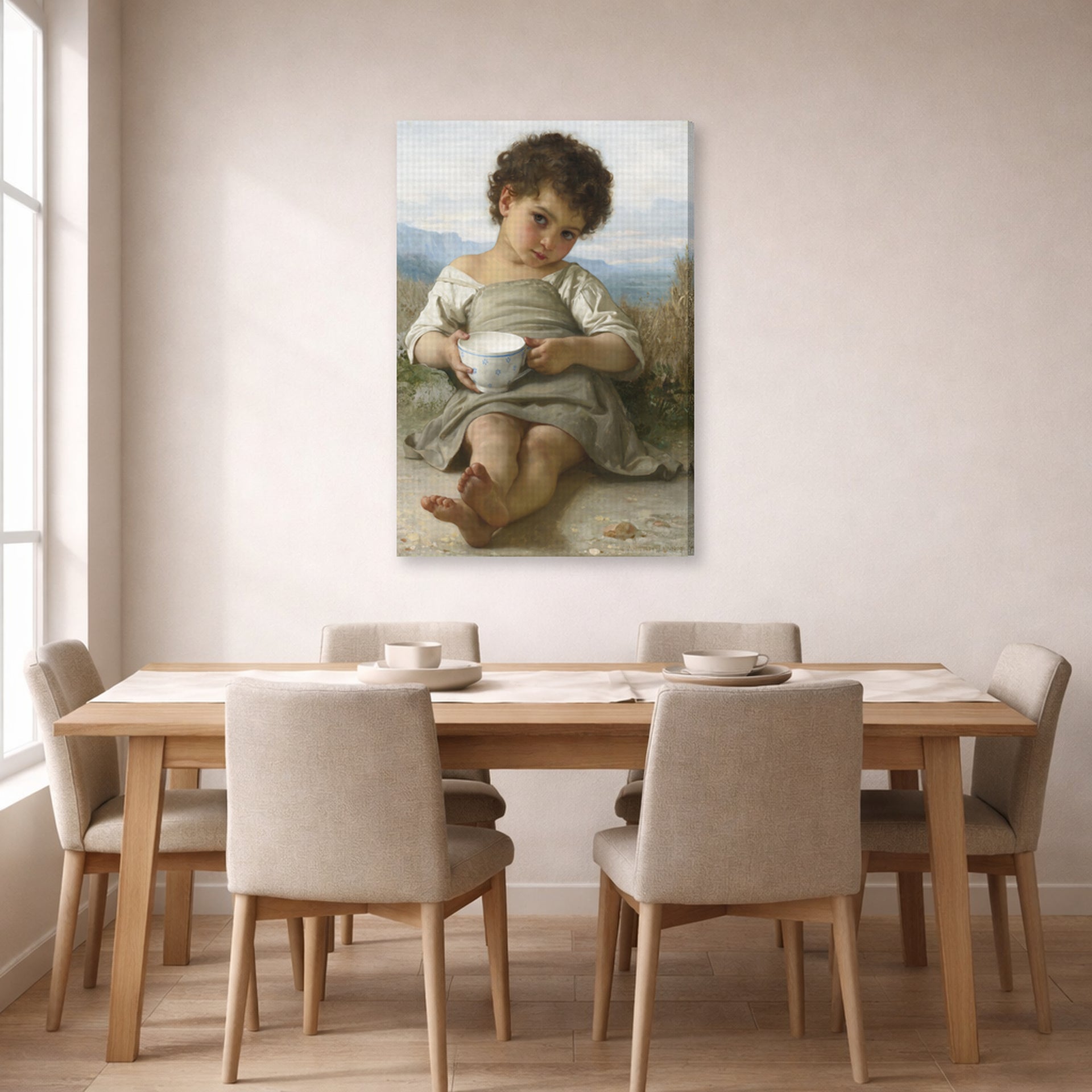 Gallery-wrapped canvas print of William-Adolphe Bouguereau's La Tasse De Lait displayed on a wall in a dining room