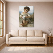 Gallery-wrapped canvas print of William-Adolphe Bouguereau's La Tasse De Lait displayed on a wall in a living room