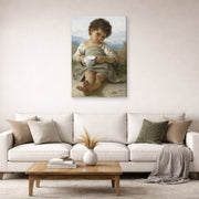Gallery-wrapped canvas print of William-Adolphe Bouguereau's La Tasse De Lait displayed on a wall in a second living room setting