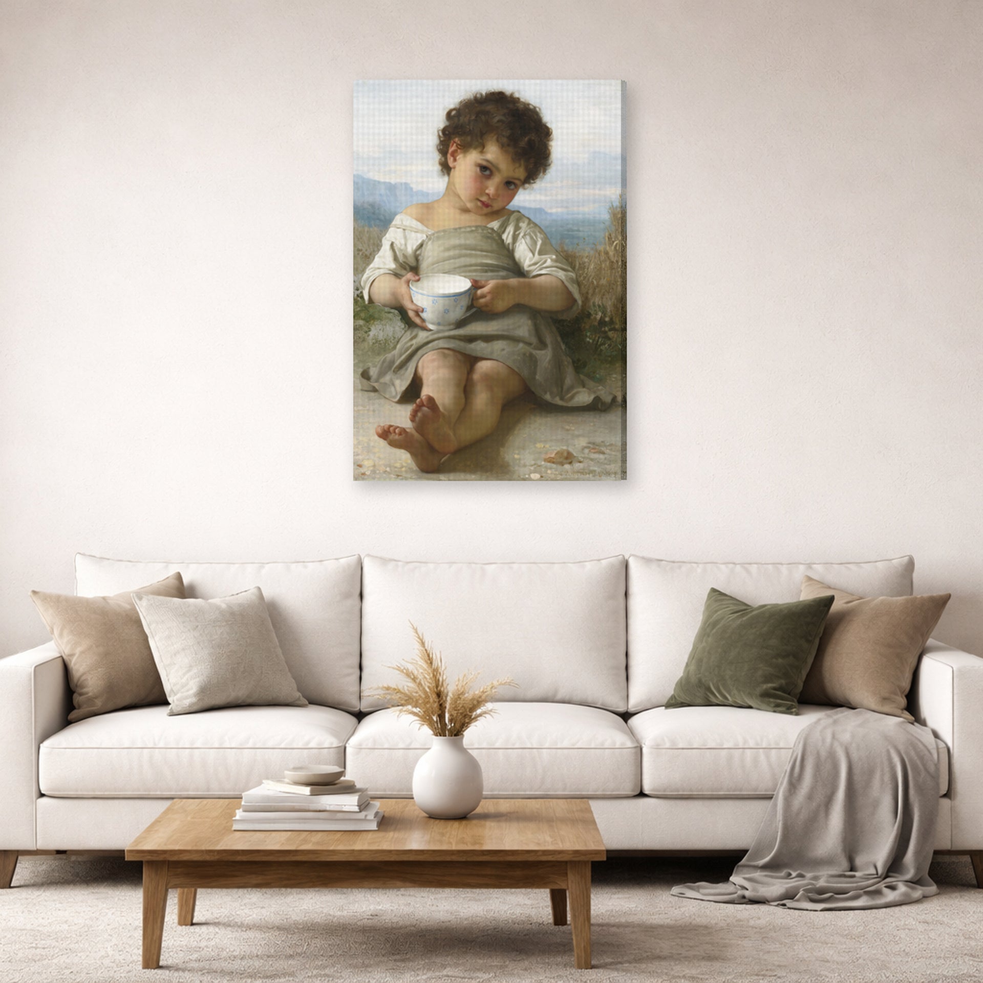 Gallery-wrapped canvas print of William-Adolphe Bouguereau's La Tasse De Lait displayed on a wall in a second living room setting