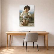 Gallery-wrapped canvas print of William-Adolphe Bouguereau's La Tasse De Lait displayed on a wall in a office