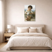 Unframed poster print of William-Adolphe Bouguereau's La Tasse De Lait displayed on a wall in a bedroom
