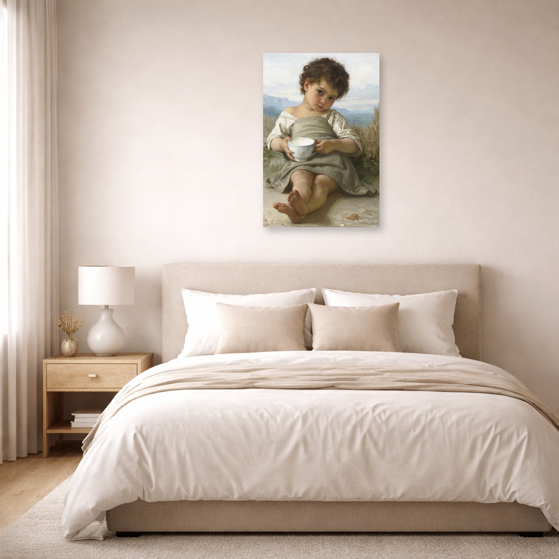 Unframed poster print of William-Adolphe Bouguereau's La Tasse De Lait displayed on a wall in a bedroom