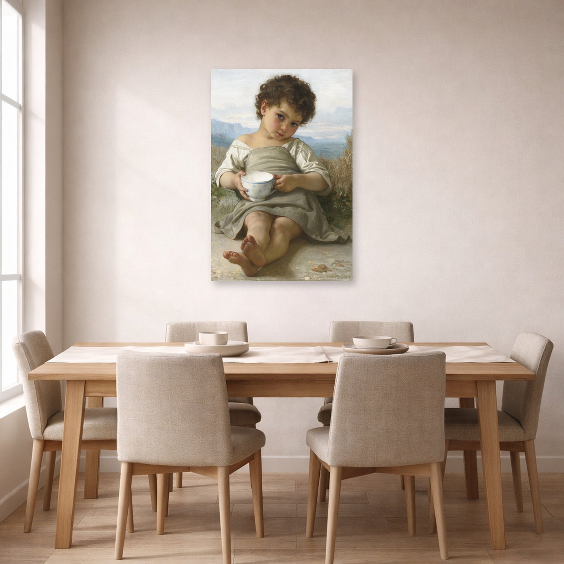 Unframed poster print of William-Adolphe Bouguereau's La Tasse De Lait displayed on a wall in a dining room