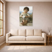 Unframed poster print of William-Adolphe Bouguereau's La Tasse De Lait displayed on a wall in a living room