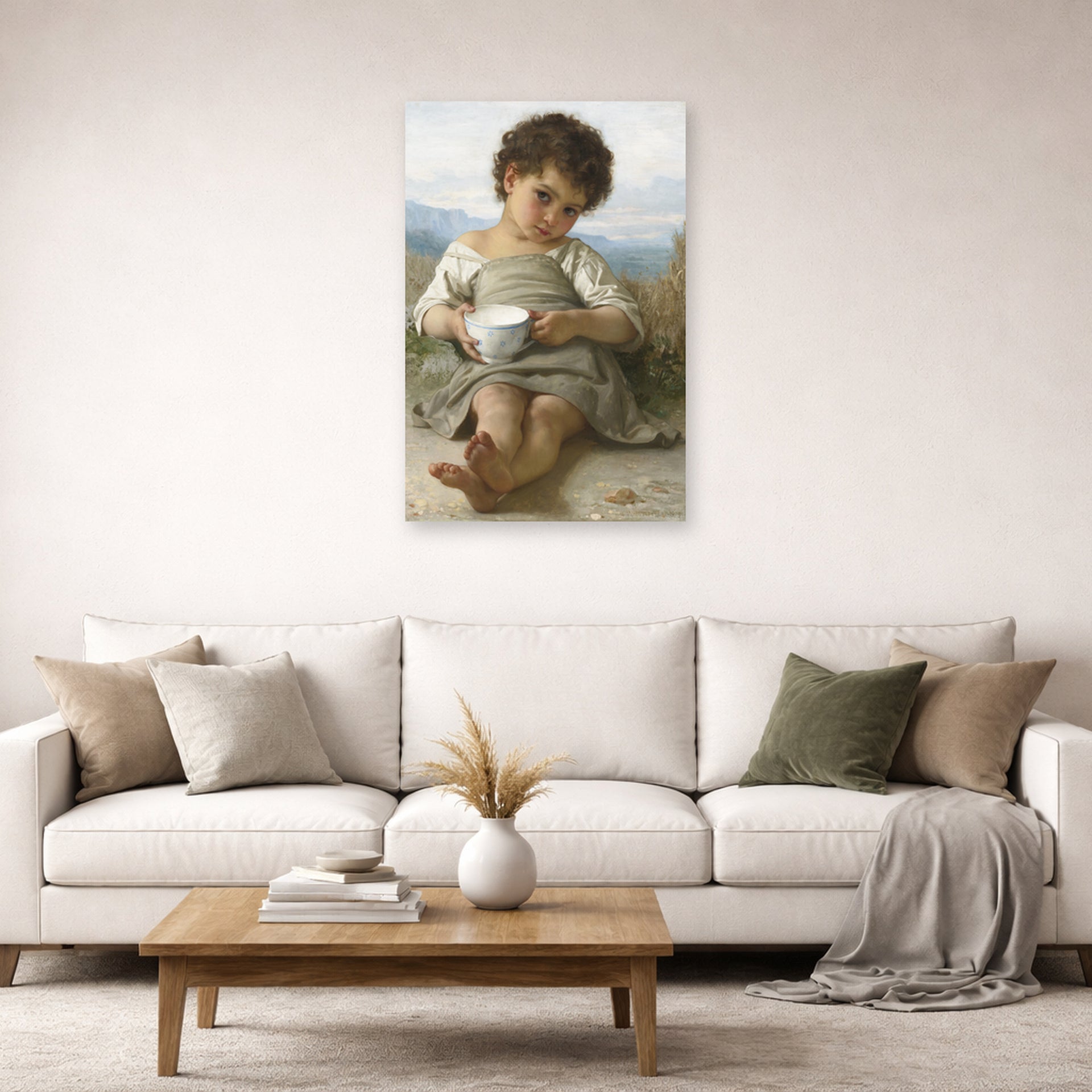 Unframed poster print of William-Adolphe Bouguereau's La Tasse De Lait displayed on a wall in a second living room setting