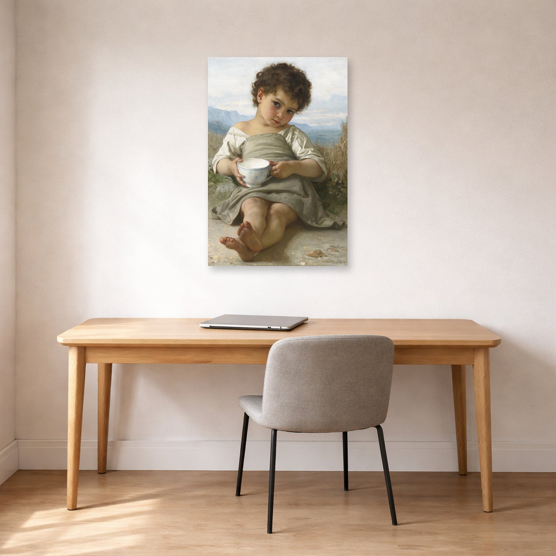 Unframed poster print of William-Adolphe Bouguereau's La Tasse De Lait displayed on a wall in a office
