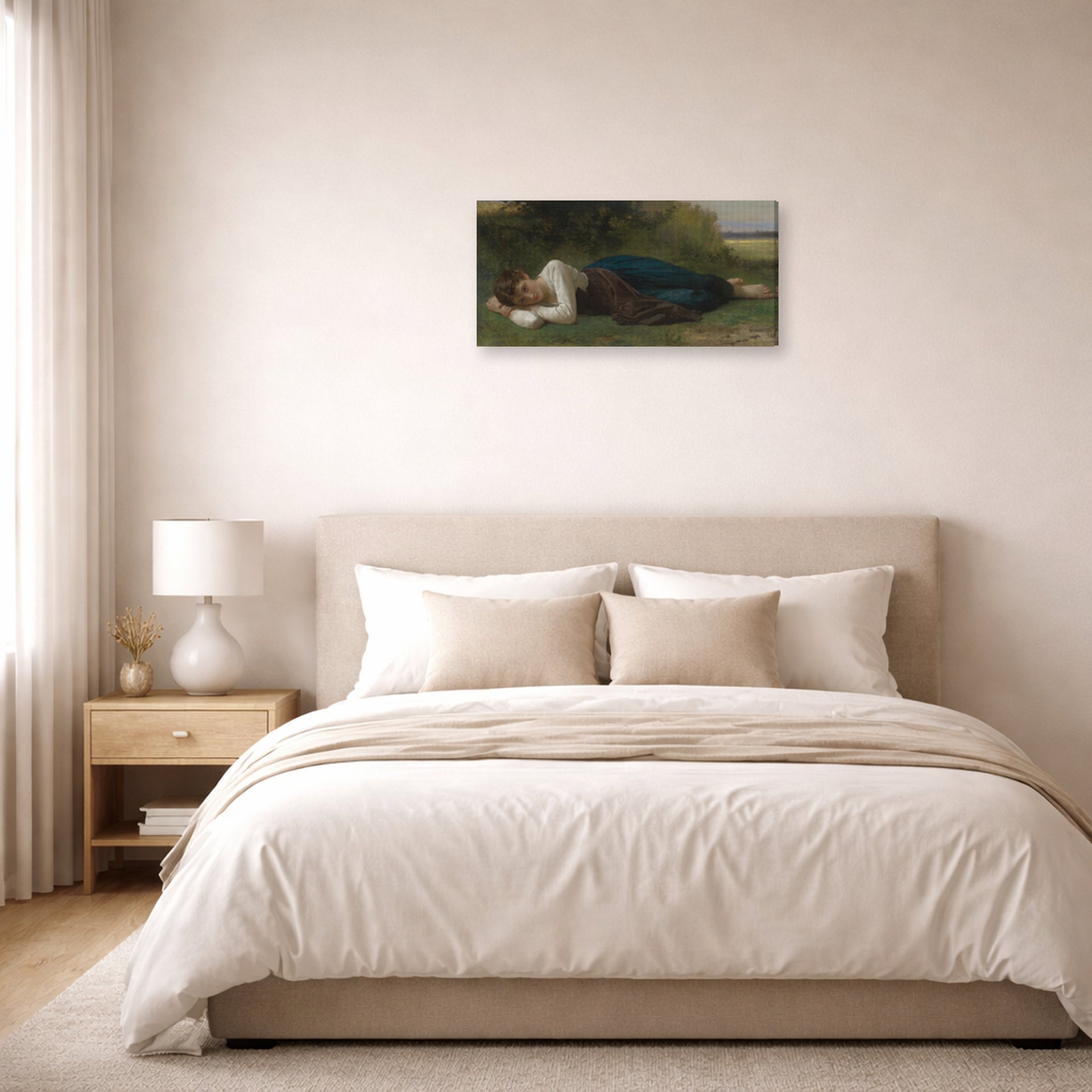 Gallery-wrapped canvas print of William-Adolphe Bouguereau's Le Repos (Jeune Fille Couchée) displayed on a wall in a bedroom