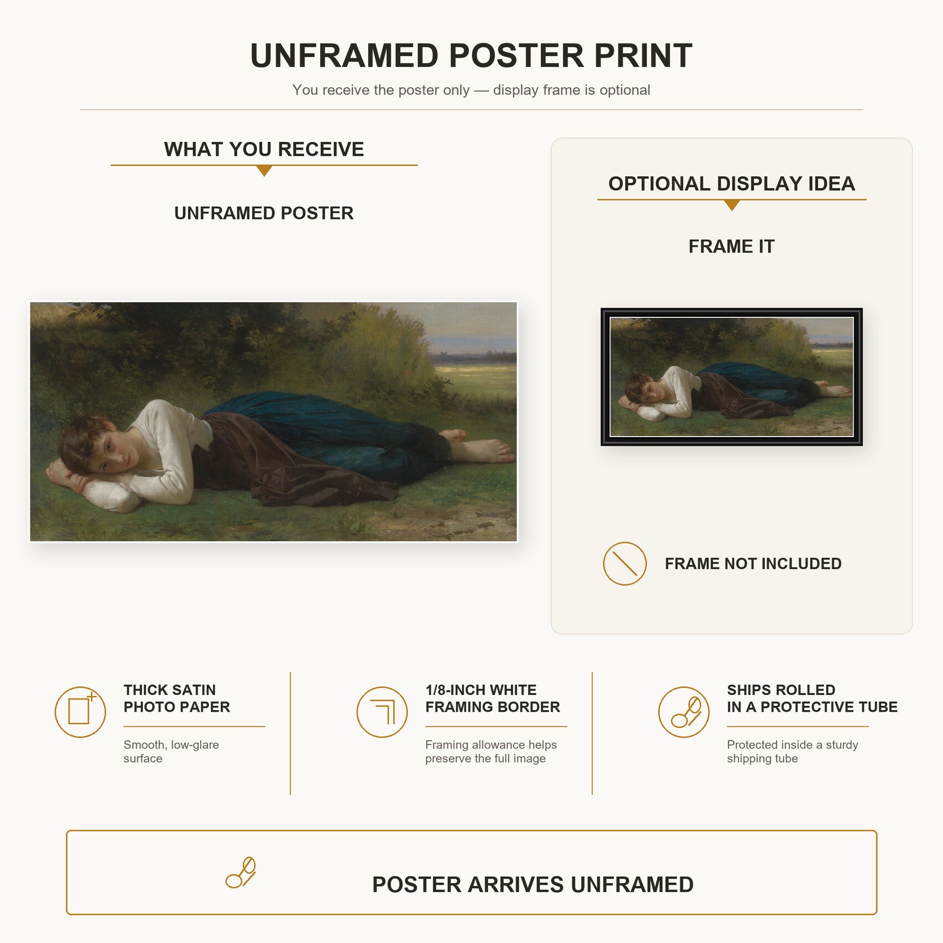 William-Adolphe Bouguereau - Le Repos (Jeune Fille Couchée) poster print size comparison and framing display infographic