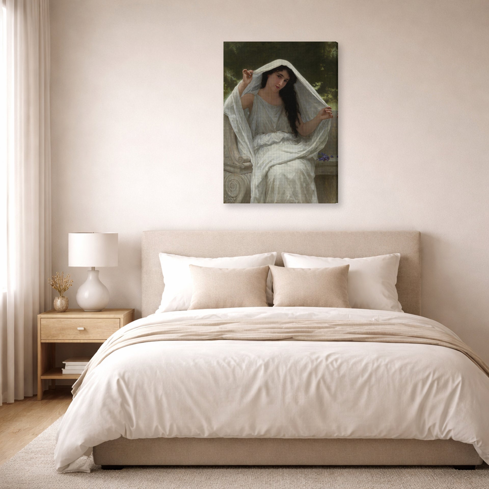 Gallery-wrapped canvas print of William-Adolphe Bouguereau's Le Voile displayed on a wall in a bedroom