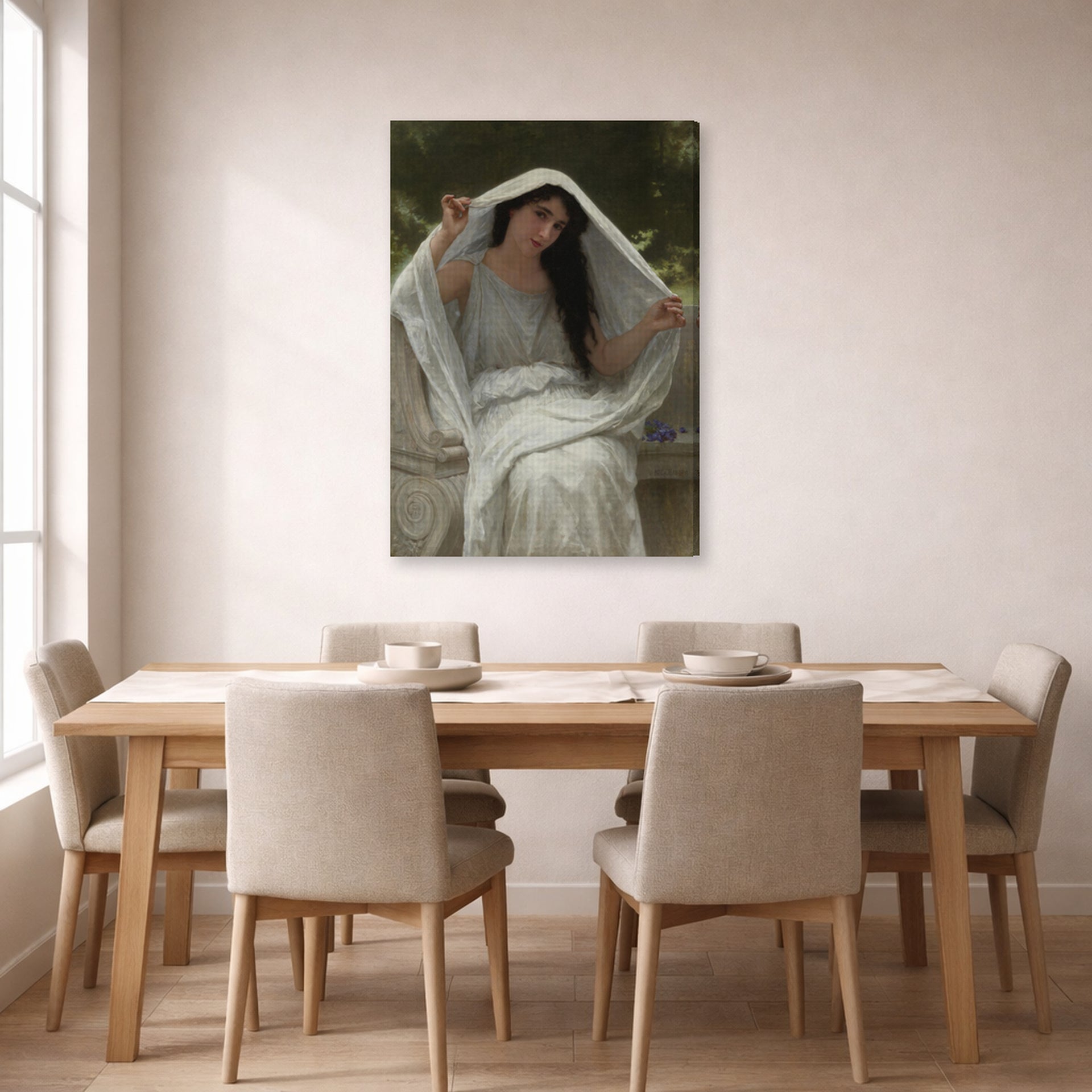 Gallery-wrapped canvas print of William-Adolphe Bouguereau's Le Voile displayed on a wall in a dining room