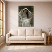Gallery-wrapped canvas print of William-Adolphe Bouguereau's Le Voile displayed on a wall in a living room