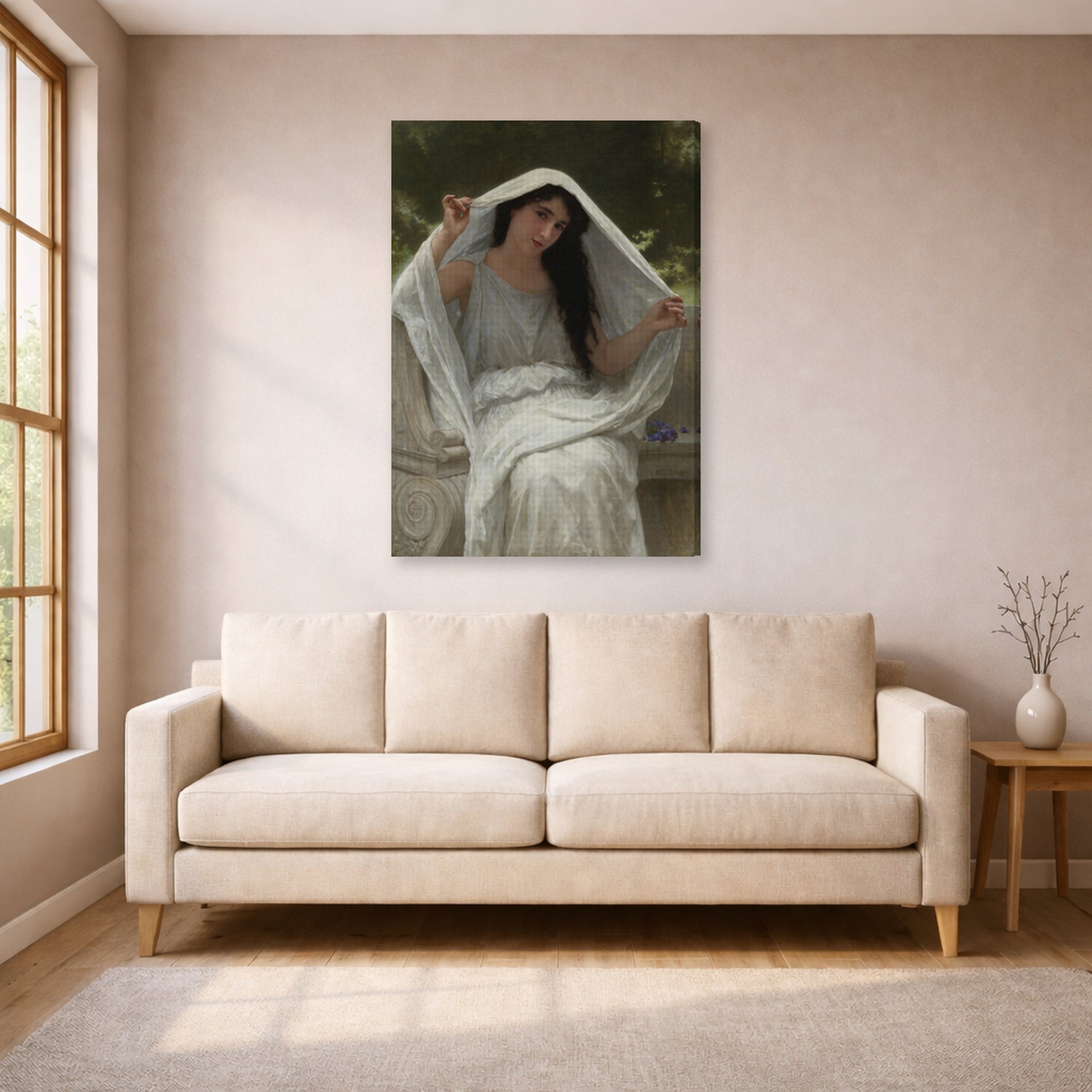 Gallery-wrapped canvas print of William-Adolphe Bouguereau's Le Voile displayed on a wall in a living room
