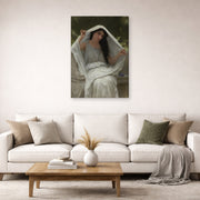 Gallery-wrapped canvas print of William-Adolphe Bouguereau's Le Voile displayed on a wall in a second living room setting
