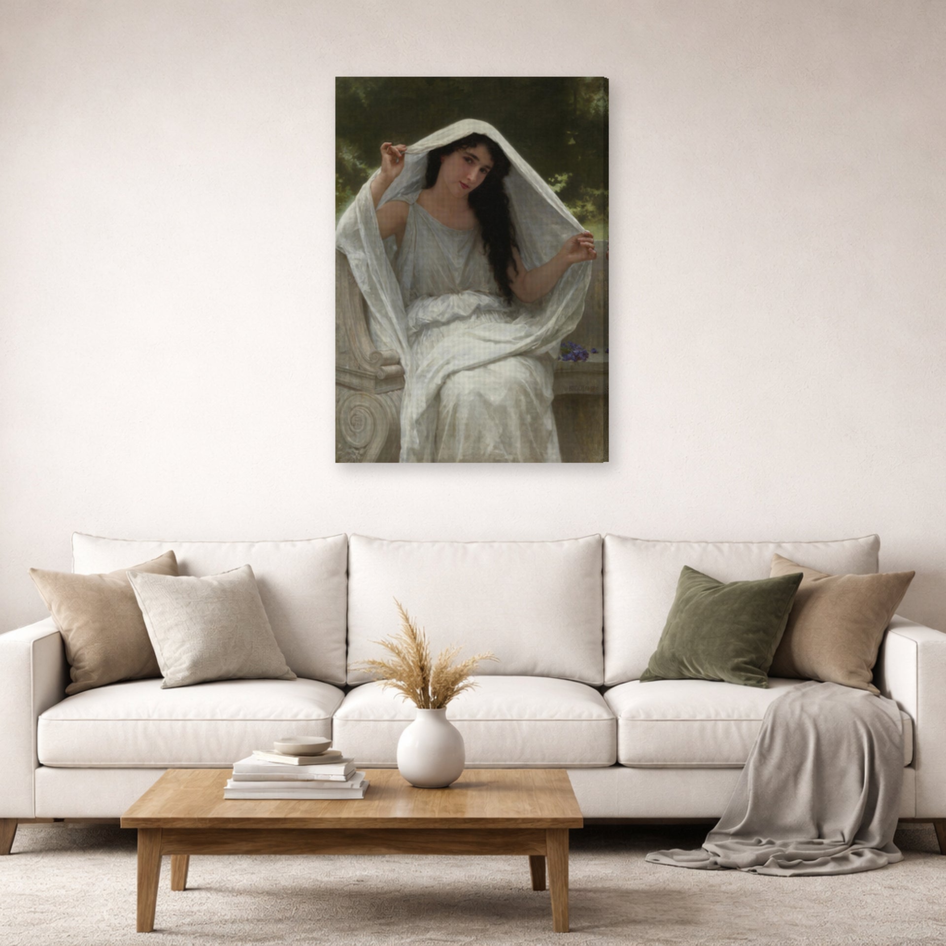 Gallery-wrapped canvas print of William-Adolphe Bouguereau's Le Voile displayed on a wall in a second living room setting