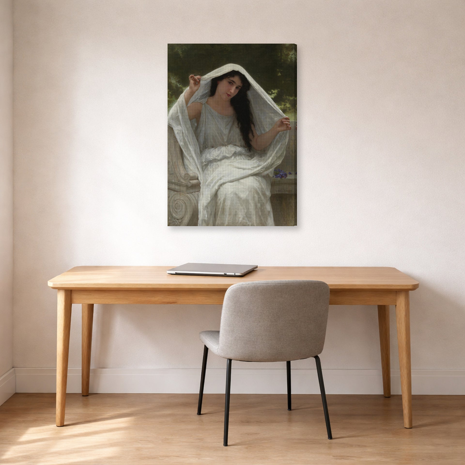 Gallery-wrapped canvas print of William-Adolphe Bouguereau's Le Voile displayed on a wall in a office