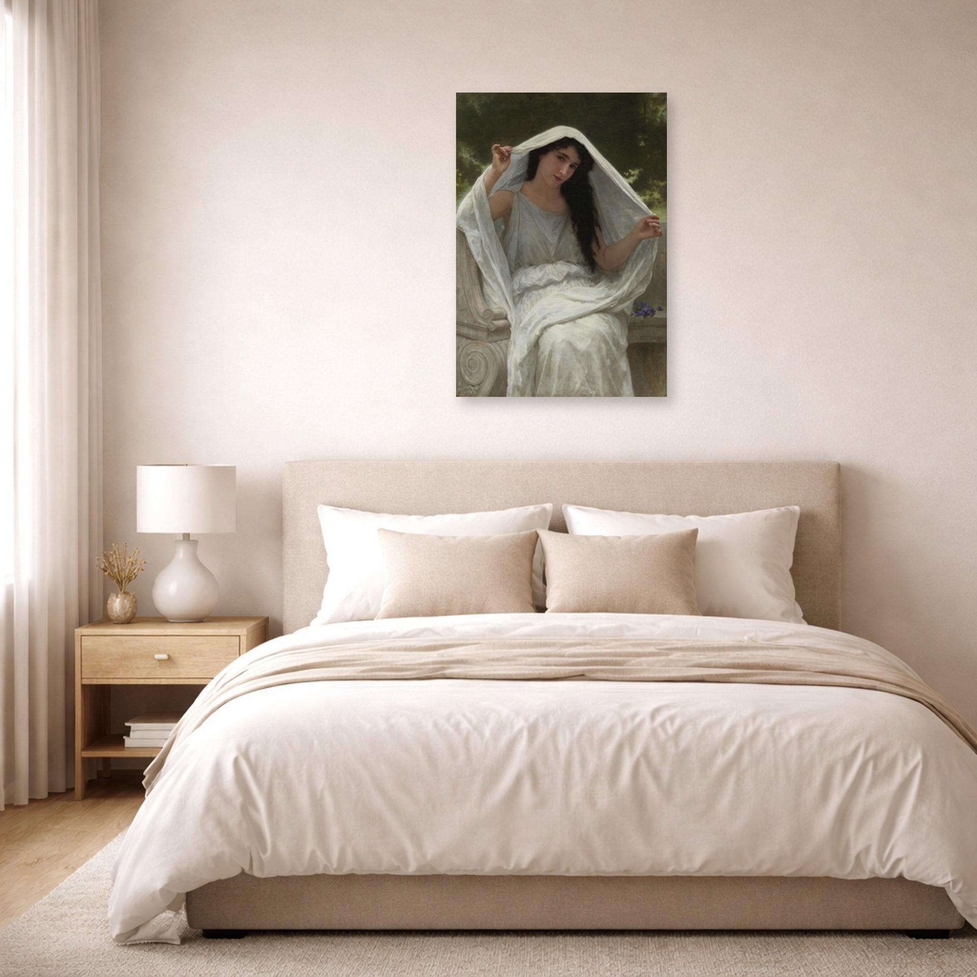 Unframed poster print of William-Adolphe Bouguereau's Le Voile displayed on a wall in a bedroom