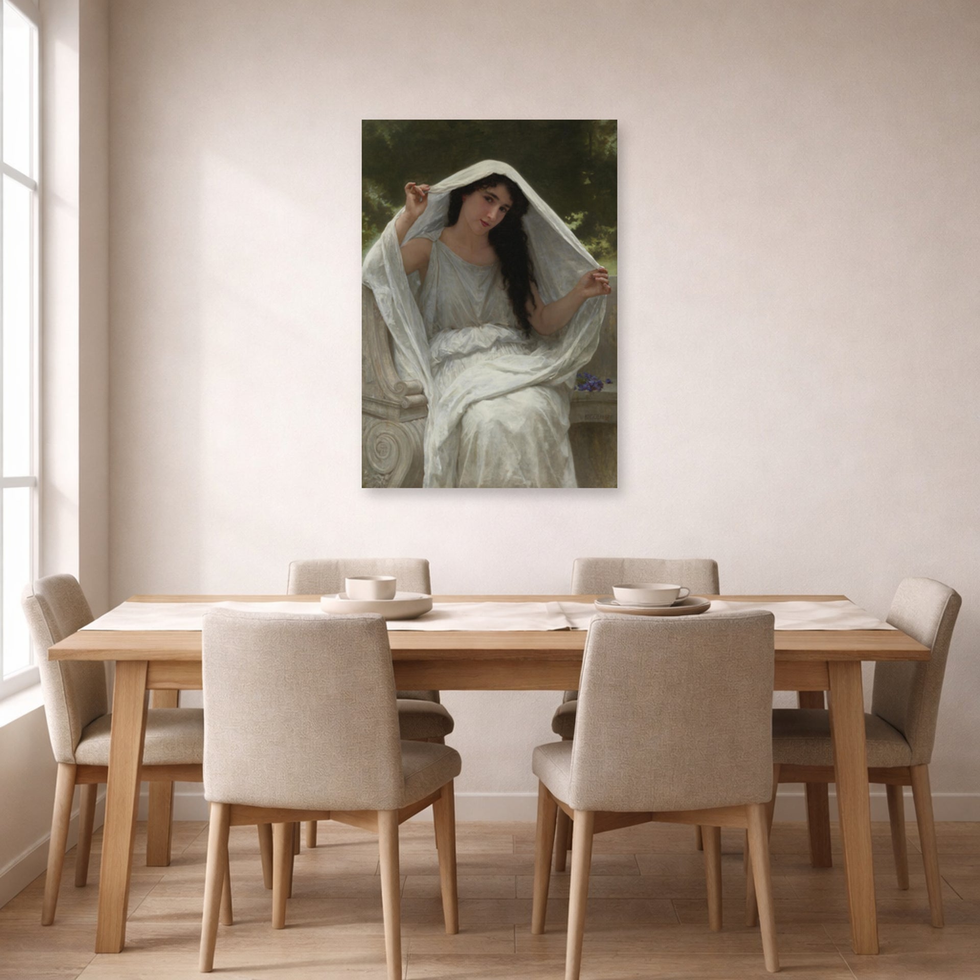 Unframed poster print of William-Adolphe Bouguereau's Le Voile displayed on a wall in a dining room