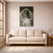 Unframed poster print of William-Adolphe Bouguereau's Le Voile displayed on a wall in a living room