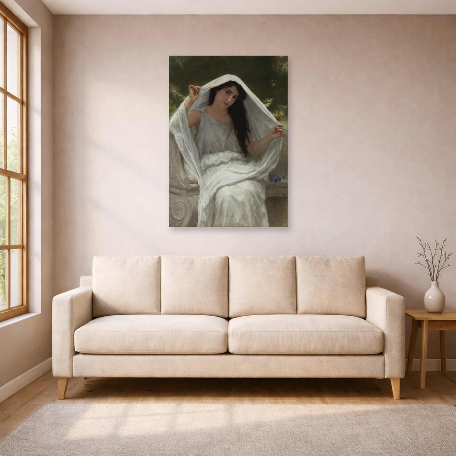 Unframed poster print of William-Adolphe Bouguereau's Le Voile displayed on a wall in a living room