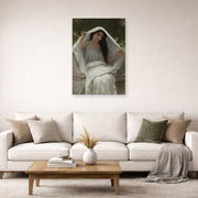 Unframed poster print of William-Adolphe Bouguereau's Le Voile displayed on a wall in a second living room setting
