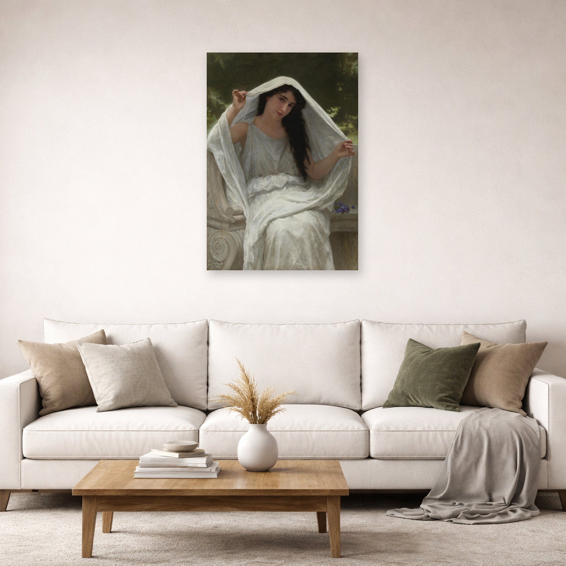 Unframed poster print of William-Adolphe Bouguereau's Le Voile displayed on a wall in a second living room setting