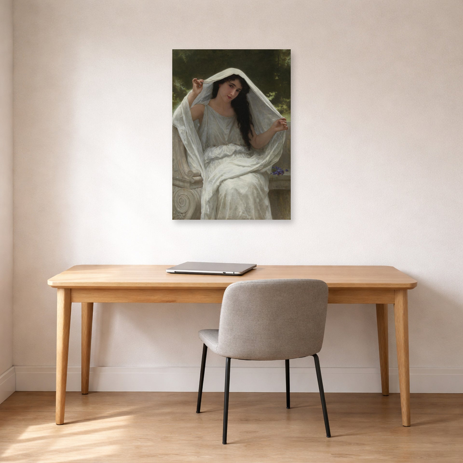 Unframed poster print of William-Adolphe Bouguereau's Le Voile displayed on a wall in a office