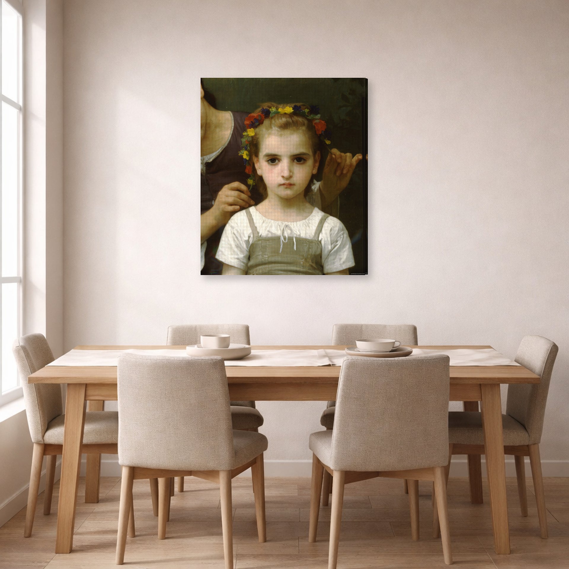 Gallery-wrapped canvas print of William-Adolphe Bouguereau's Mother and Child displayed on a wall in a dining room