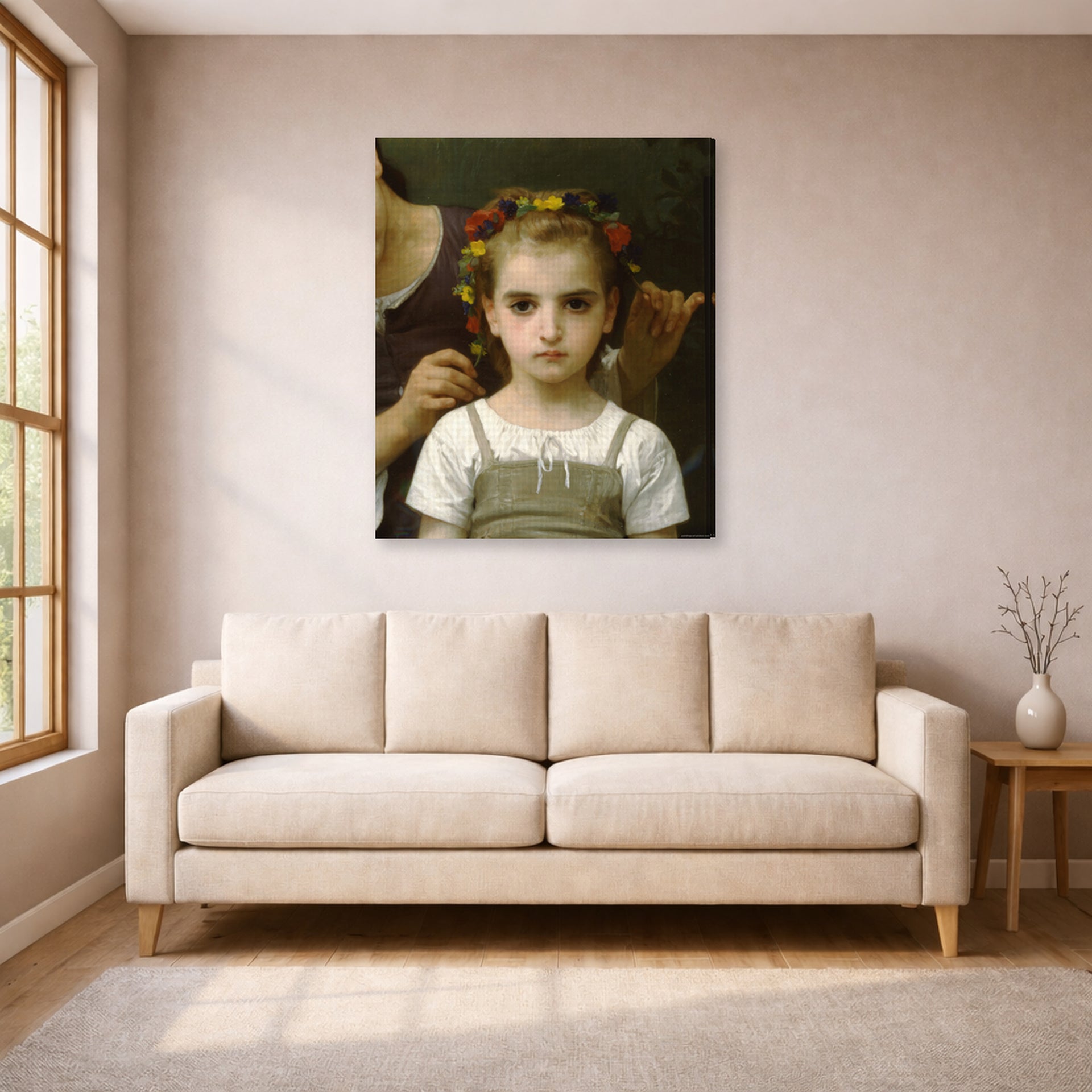 Gallery-wrapped canvas print of William-Adolphe Bouguereau's Mother and Child displayed on a wall in a living room