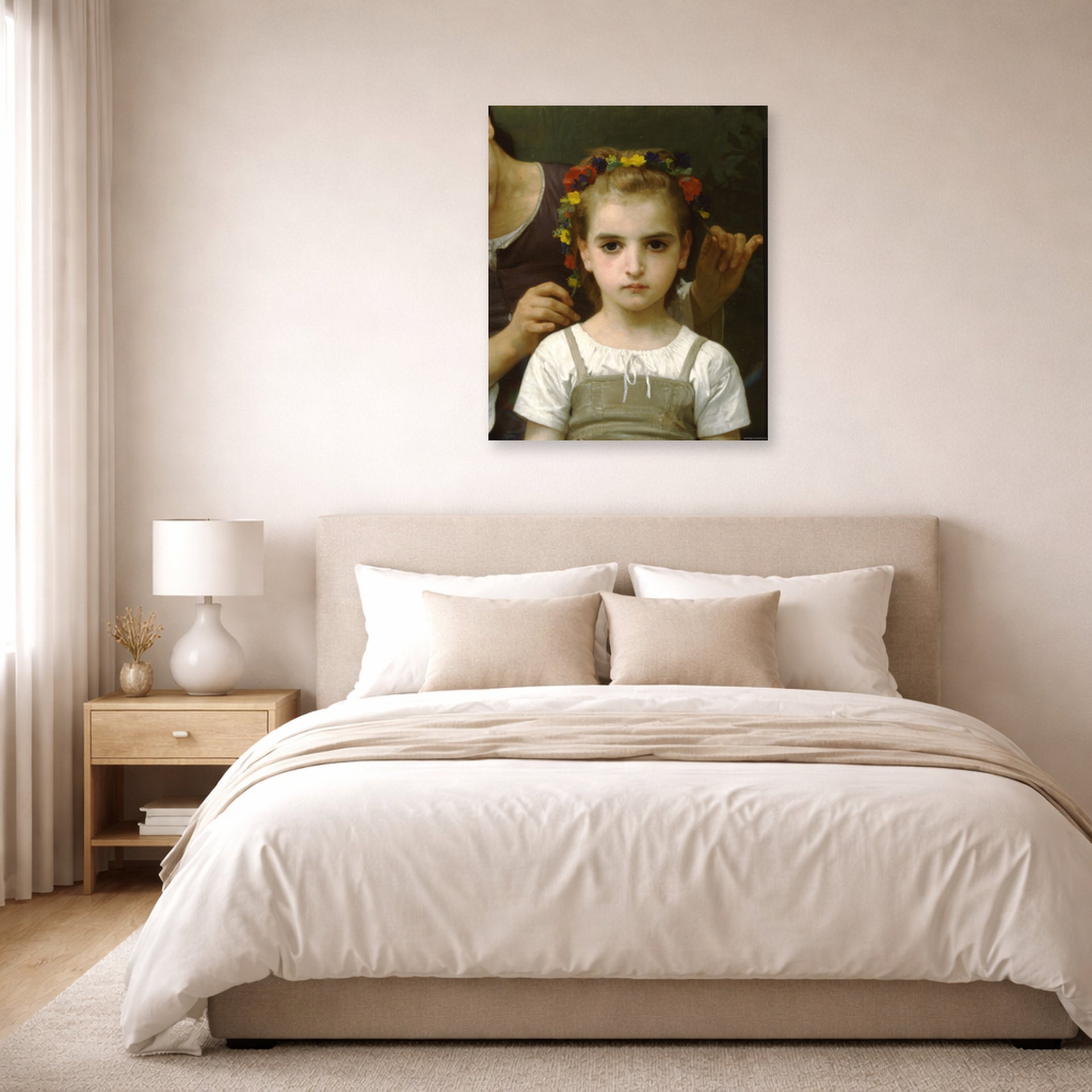 Unframed poster print of William-Adolphe Bouguereau's Mother and Child displayed on a wall in a bedroom