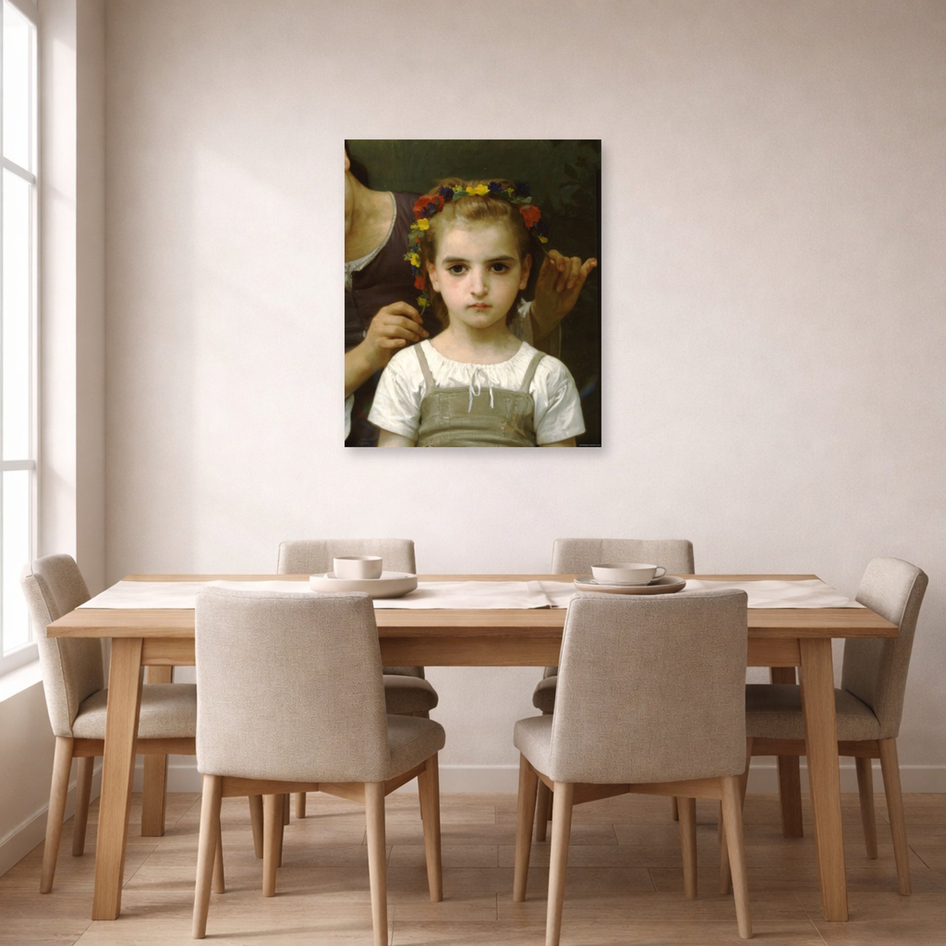 Unframed poster print of William-Adolphe Bouguereau's Mother and Child displayed on a wall in a dining room