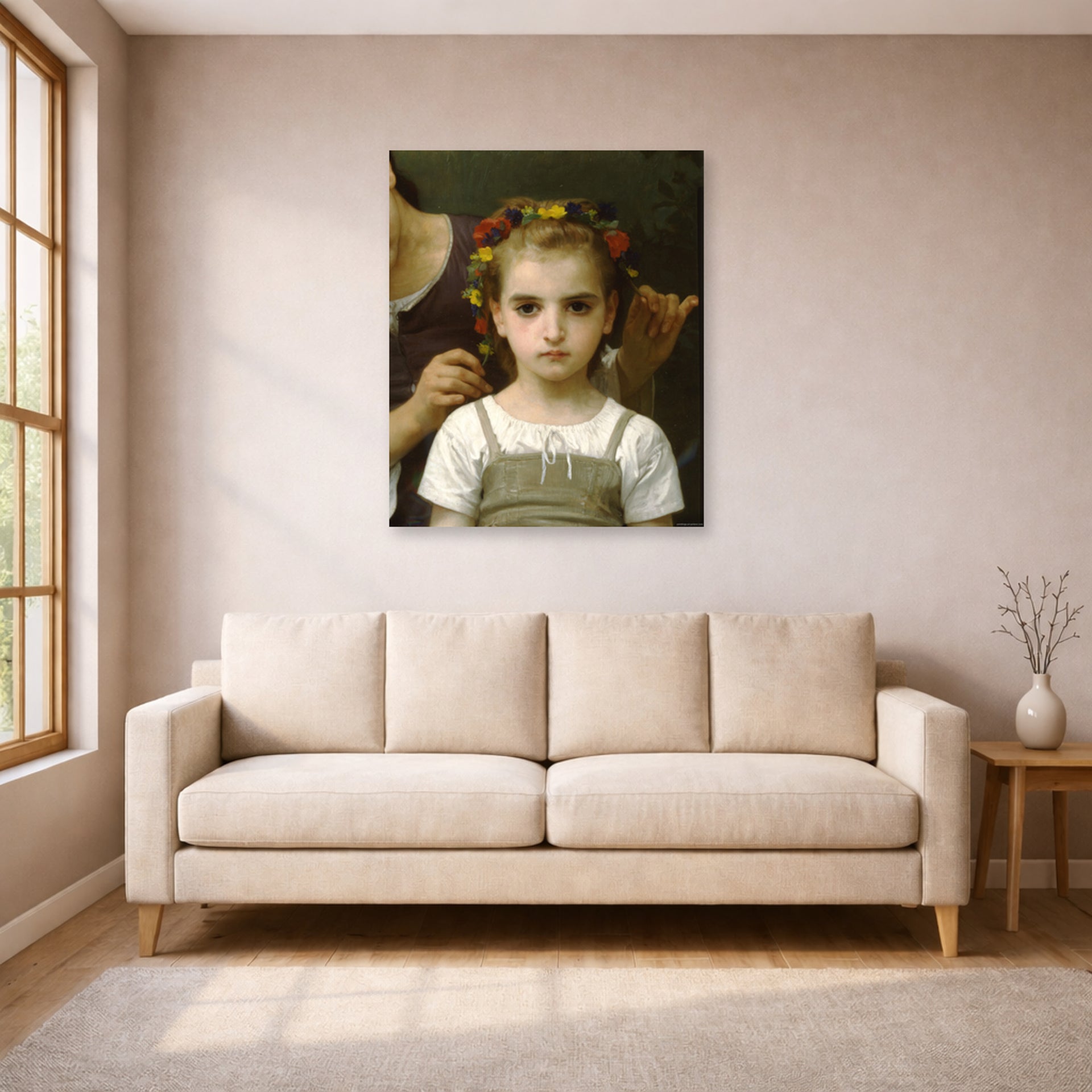 Unframed poster print of William-Adolphe Bouguereau's Mother and Child displayed on a wall in a living room
