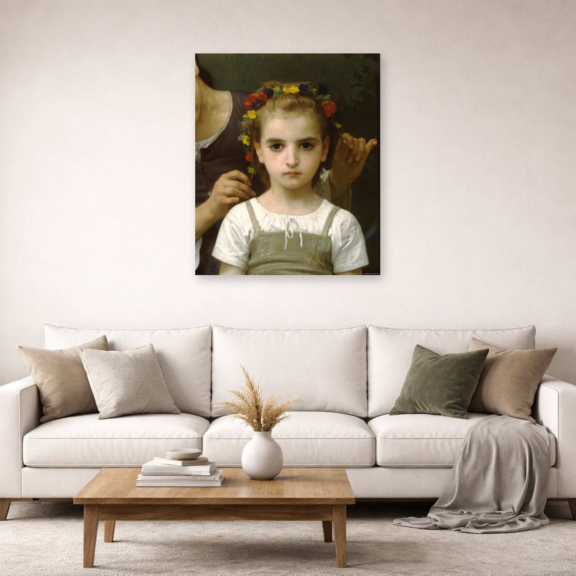 Unframed poster print of William-Adolphe Bouguereau's Mother and Child displayed on a wall in a second living room setting