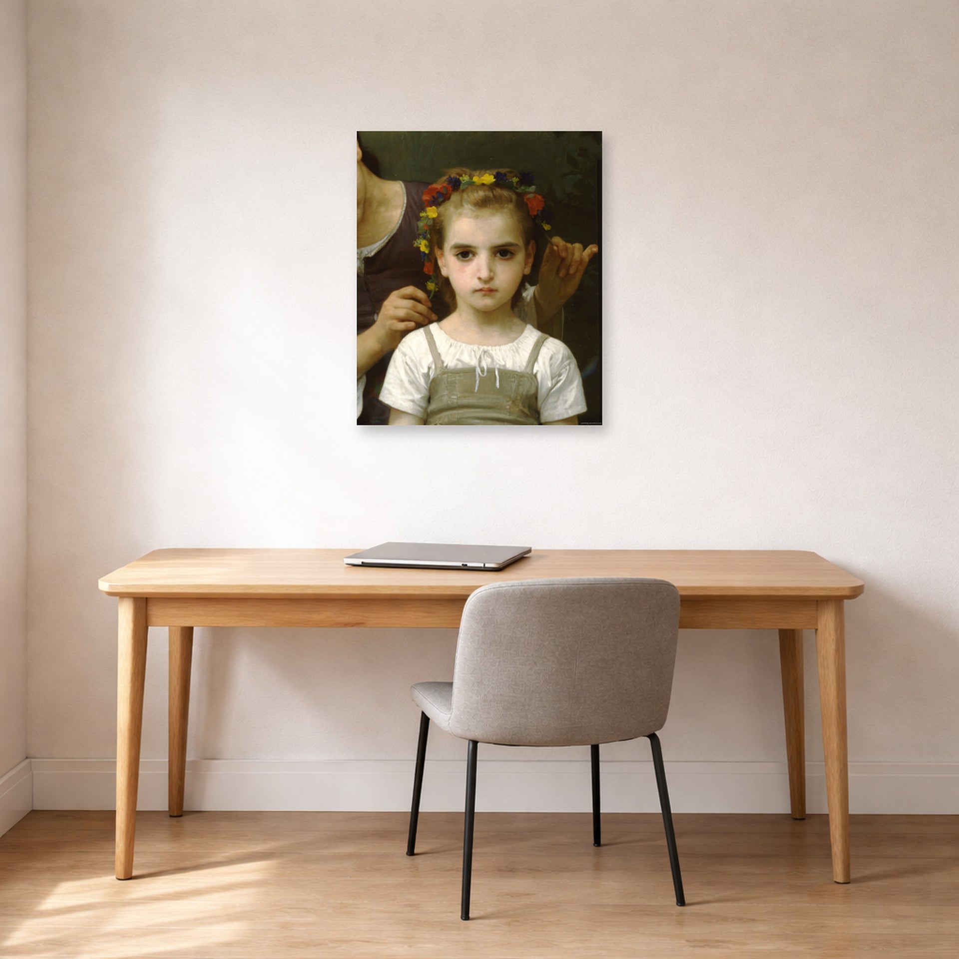 Unframed poster print of William-Adolphe Bouguereau's Mother and Child displayed on a wall in a office