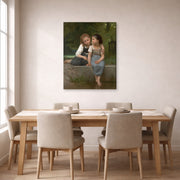 Gallery-wrapped canvas print of William-Adolphe Bouguereau's Pêche pour les grenouilles displayed on a wall in a dining room