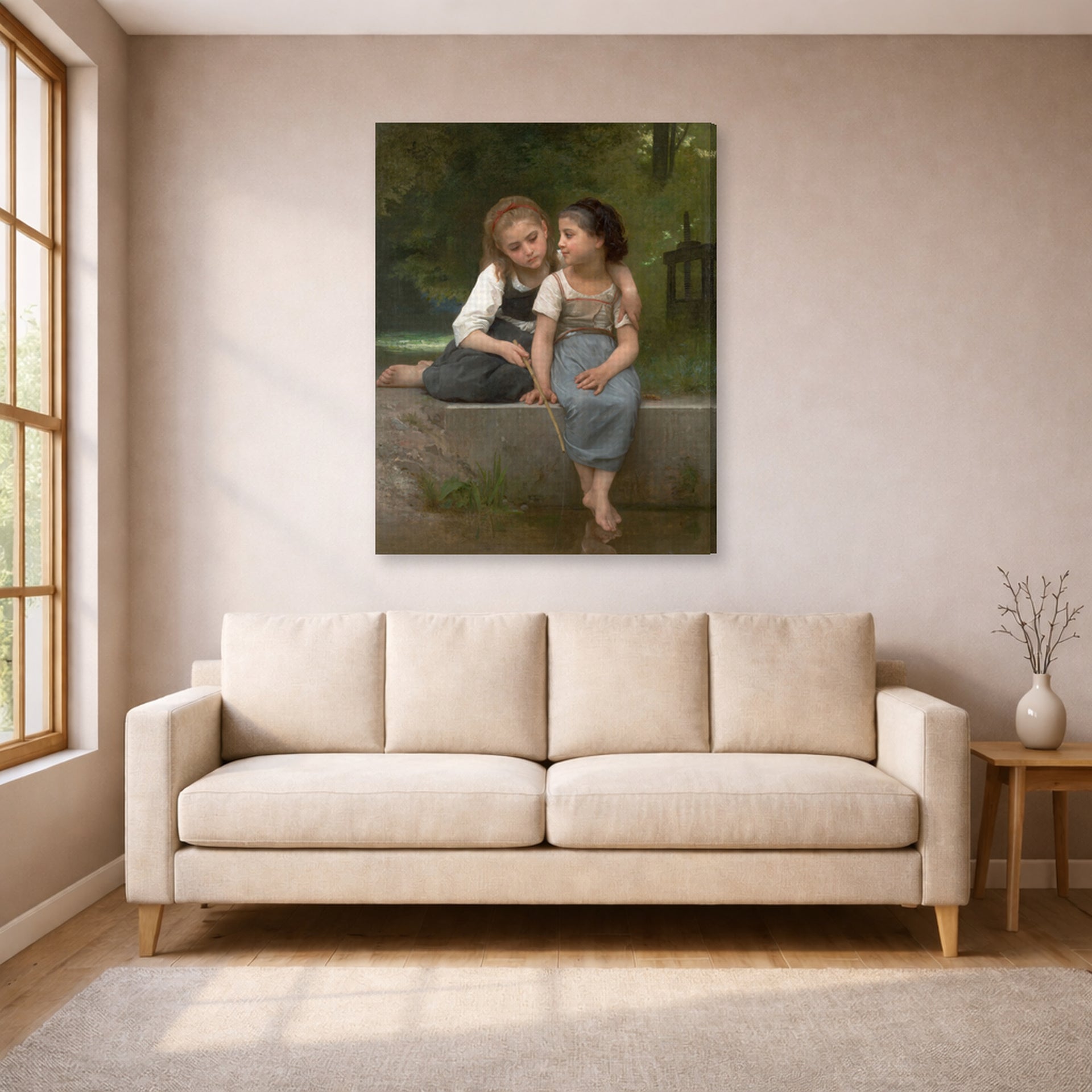 Gallery-wrapped canvas print of William-Adolphe Bouguereau's Pêche pour les grenouilles displayed on a wall in a living room