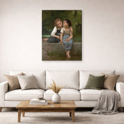 Gallery-wrapped canvas print of William-Adolphe Bouguereau's Pêche pour les grenouilles displayed on a wall in a second living room setting