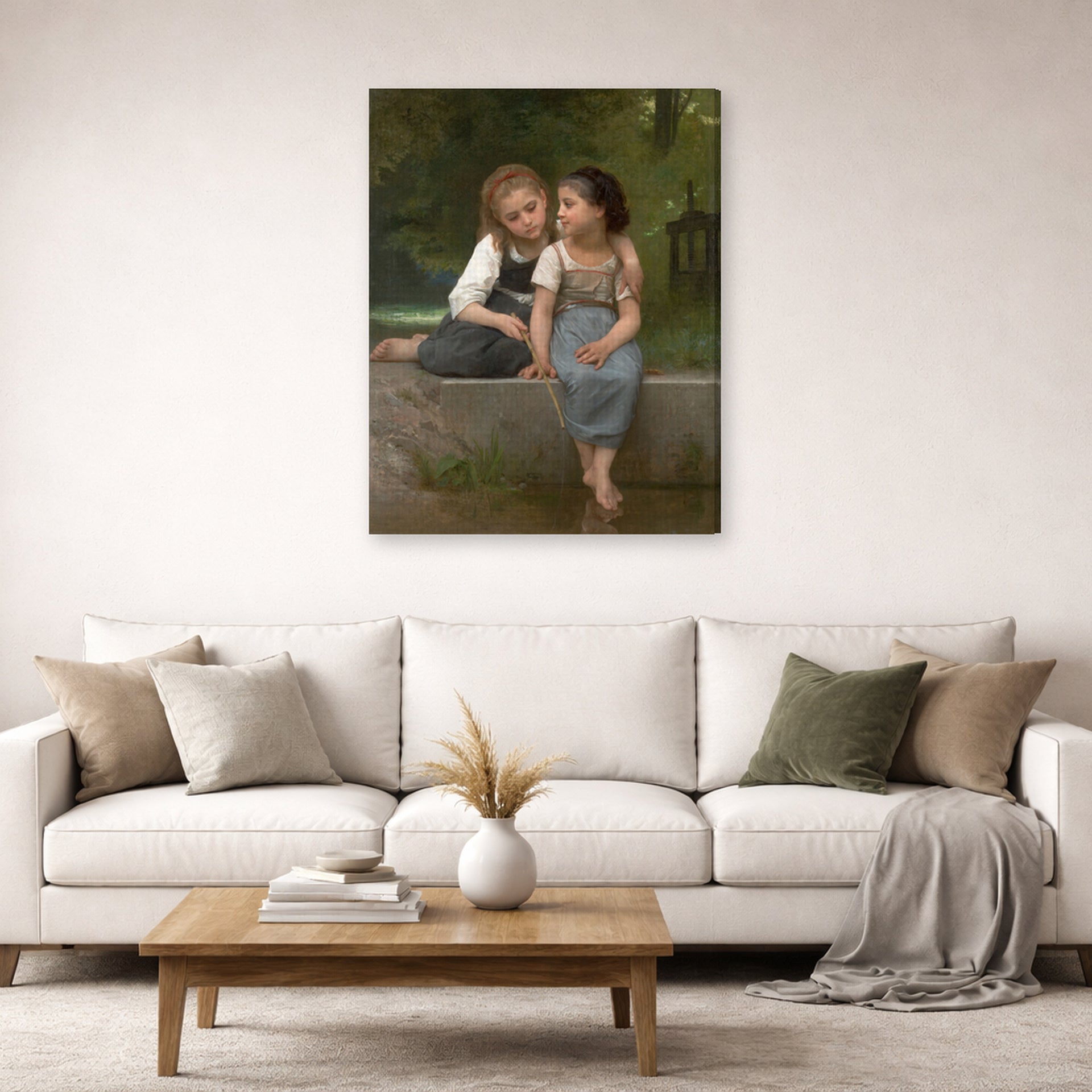 Gallery-wrapped canvas print of William-Adolphe Bouguereau's Pêche pour les grenouilles displayed on a wall in a second living room setting