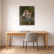 Gallery-wrapped canvas print of William-Adolphe Bouguereau's Pêche pour les grenouilles displayed on a wall in a office