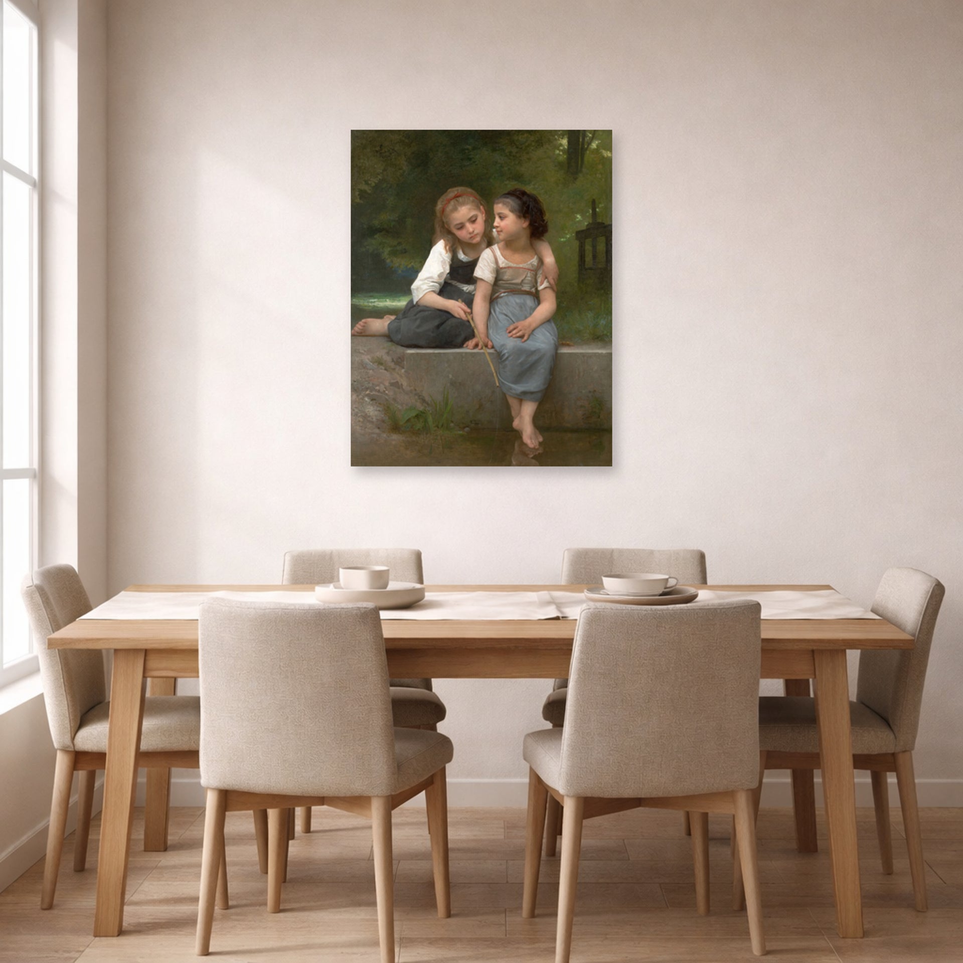 Unframed poster print of William-Adolphe Bouguereau's Pêche pour les grenouilles displayed on a wall in a dining room