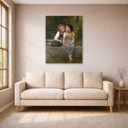 Unframed poster print of William-Adolphe Bouguereau's Pêche pour les grenouilles displayed on a wall in a living room