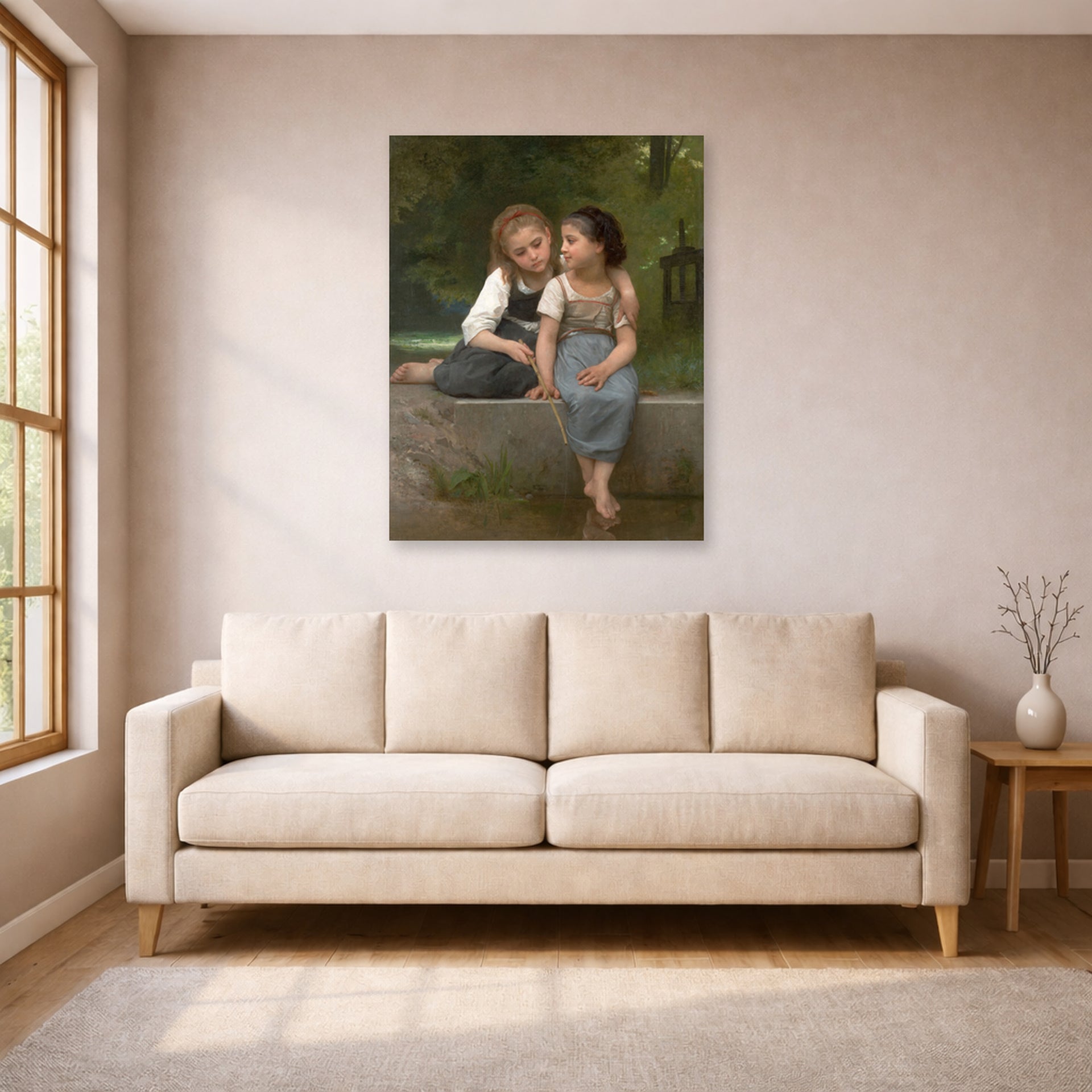 Unframed poster print of William-Adolphe Bouguereau's Pêche pour les grenouilles displayed on a wall in a living room