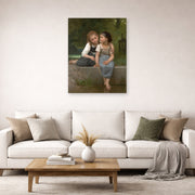 Unframed poster print of William-Adolphe Bouguereau's Pêche pour les grenouilles displayed on a wall in a second living room setting