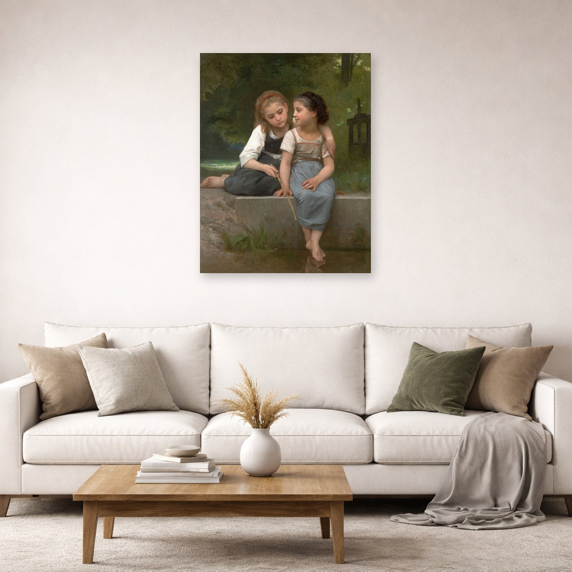 Unframed poster print of William-Adolphe Bouguereau's Pêche pour les grenouilles displayed on a wall in a second living room setting